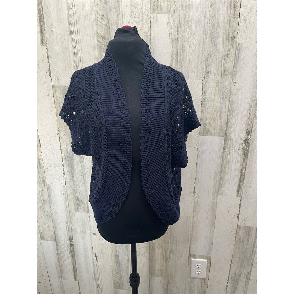 Notations Cardigan Sweater Womens XL Navy Blue Open Front Crochet Shrug sku679